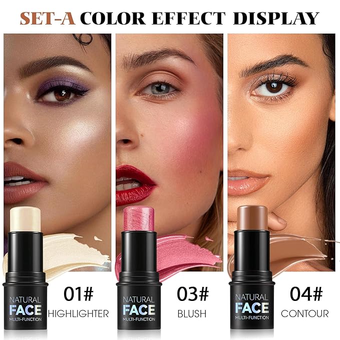 3Pcs Cream Contour Stick Makeup Kit - Cream Blush Stick Highlighter Stick Contour Bronzer Stick for Cheeks, Waterproof Long Lasting Blendable, Contour Stick Trio for Face Makeup (#01, 03, 04)