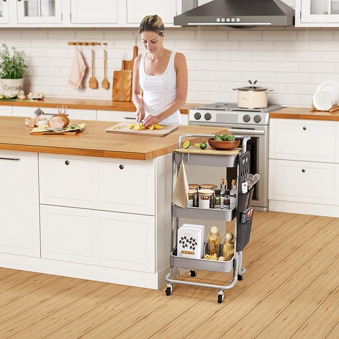DTK 3 Tier Metal Utility Rolling Cart with Table Top and Side Bags, Tray Storage Organizer Wheels, Art Craft 4 Hooks for Kitchen Bathroom Office Living Room(Grey)