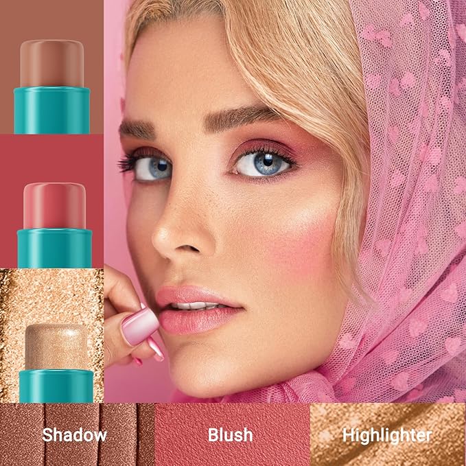 3Pcs Cream Contour Stick, with Highlighter Stick Milk Bronzer Stick Blush Stick, Face Contour Stick with Makeup Brush and Sponge, Easy to Sculpt the Face, Long Lasting, Waterproof