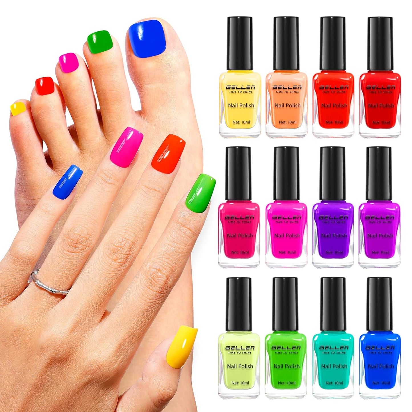 GELLEN Bright Neon Nail Polish Set, Quick Air Dry Regular Nail Polish Vibrant Rainbow 12 Colors Set for Fingernail Toe Nails Salon Home, Hema Free, Non-toxic, Red Pink Blue Green Purple Orange Yellow