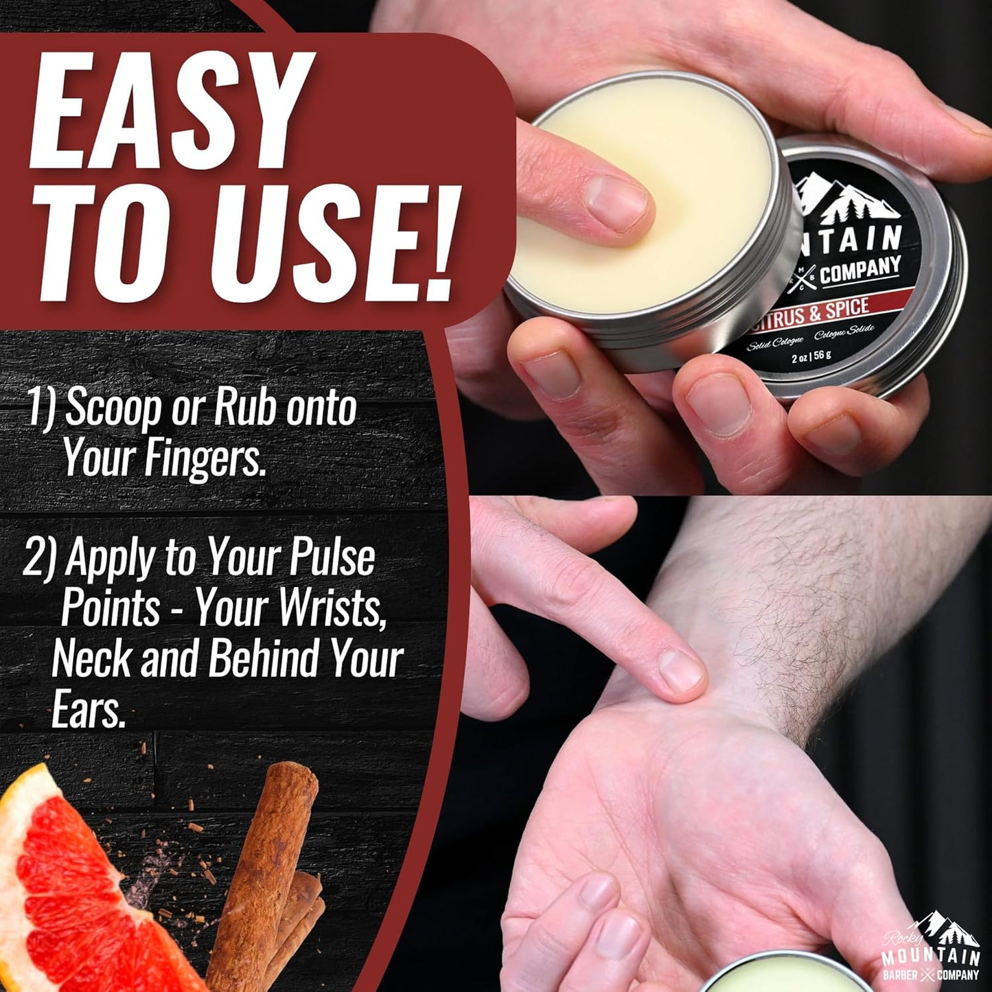 Rocky Mountain Barber Company Solid Cologne for Men – Citrus & Spice Scent – 2 Oz Size - Made with Coconut Oil, Shea Butter - Long-Lasting Scent