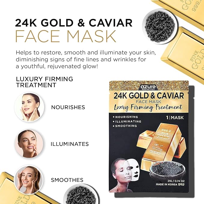 AZURE 24K Gold and Caviar Anti Aging Luxury Face Mask - Hydrating & Firming Facial Mask - Helps Reduce Wrinkles & Fine Lines with Hyaluronic Acid & Collagen - Skin Care Made in Korea - Pack of 10