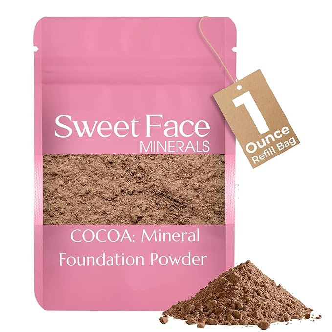 Foundation Powder Refill (COCOA) (1 Ounce Bag) By Sweet Face Minerals, Lightweight Mineral Loose Makeup Powder with SPF 20, Full Coverage Flawless Finish, Talc-free, Cruelty-Free, Refillable Pouch