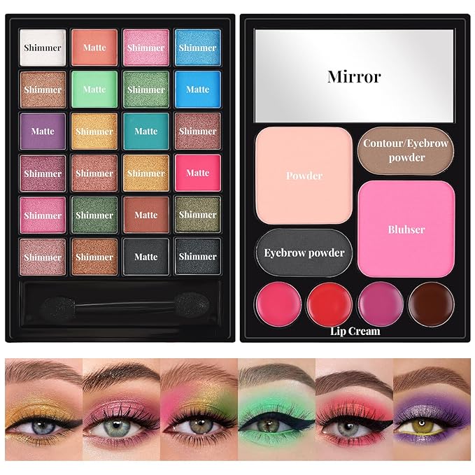 All in One Makeup Kit for Women Full Kit - 24 Eyeshadow, 4 Lipsticks, 1 Blushers, 1 Powder, 2 Eyebrow Powder, 1 Mirror, 1 Double Ended Brush, Makeup Gift Set for Teen Girls, Beginner and Professional