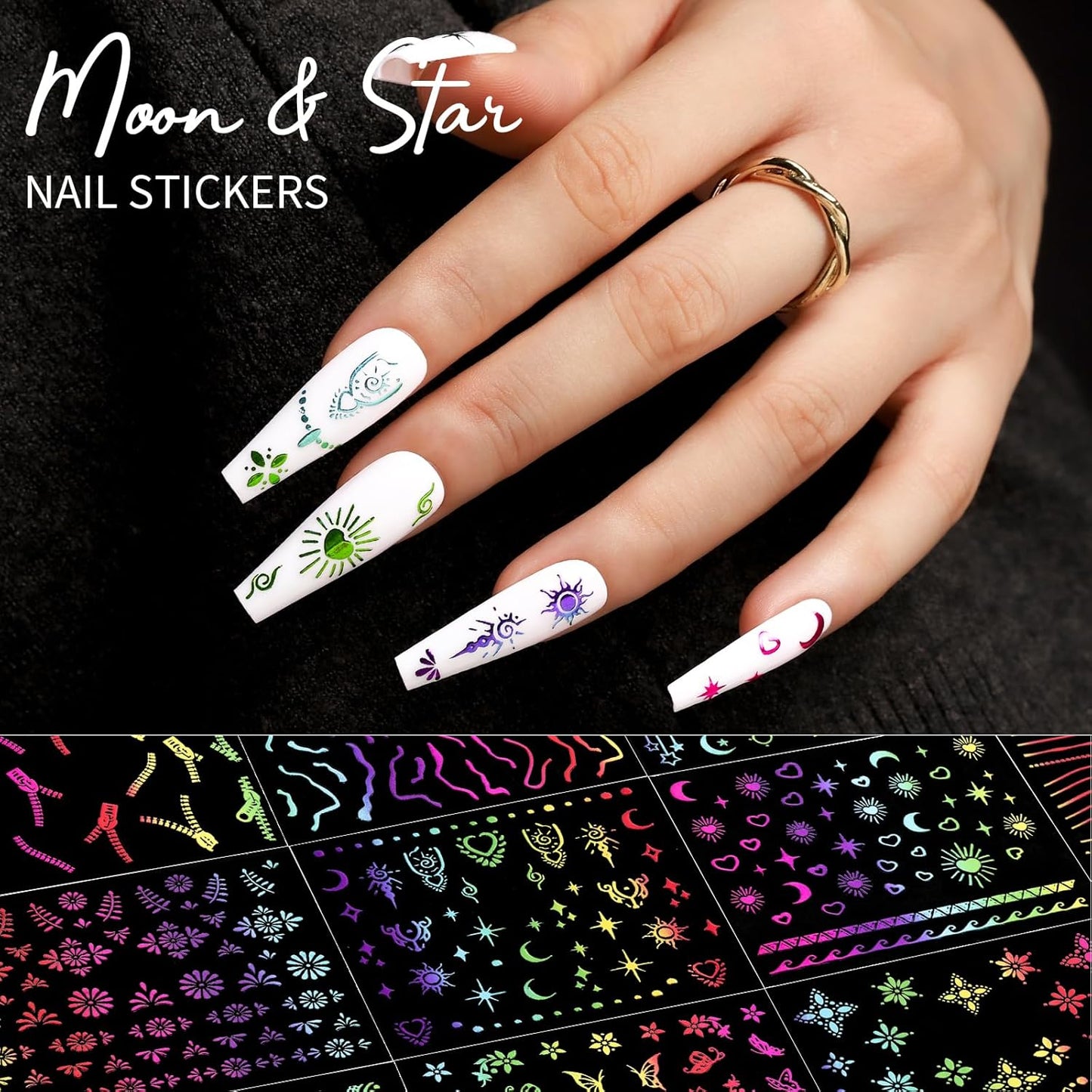 Teenitor 50 Sheets Nail Art Stickers, Rainbow Nail Stickers for Nail Art Nail Decals for Kids, Women, Fingernail in Halloween Christmas, Nail Supplies