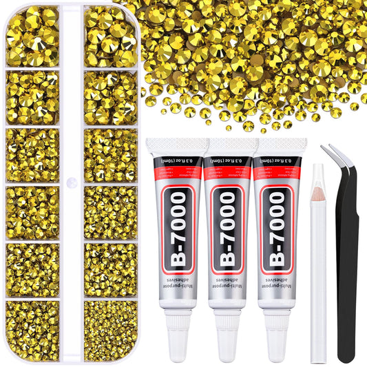 6000Pcs Resin Rhinestones for Bedazzling with 3Pcs B7000 Jewelry Glue, 1 Box Bright Gold Flatback Rhinestones for Crafting Crafts DIY, Crystals Gems for Clothing Shoes Tumblers Nail Art Makeup
