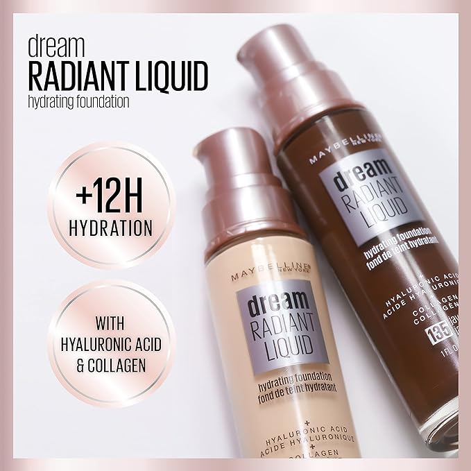 Maybelline Dream Radiant Liquid Medium Coverage Hydrating Makeup, Lightweight Liquid Foundation, Cashew, 1 Fl; Oz
