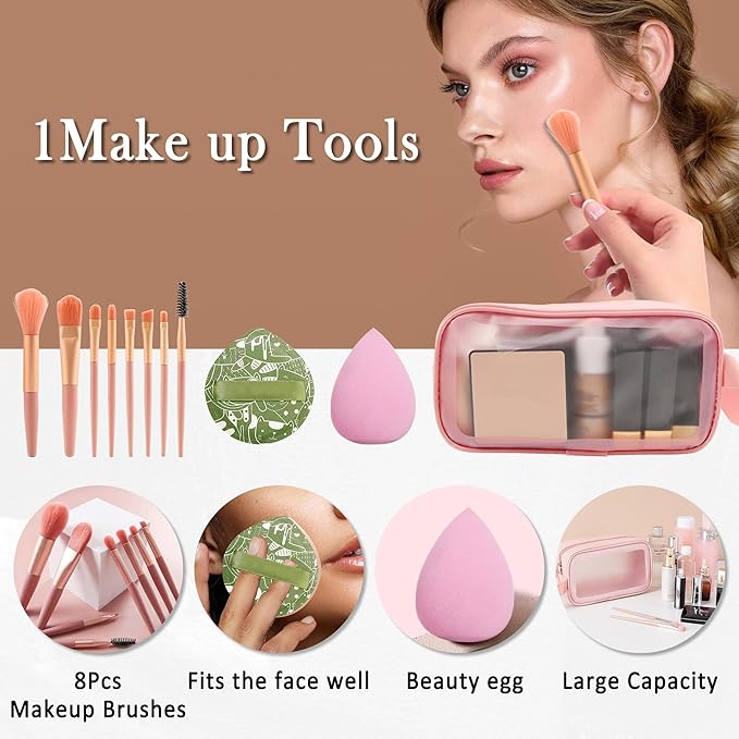 All In One Multipurpose Makeup Kit for Women,Travel Makeup Set,Makeup Gift Full Kit,Includes Foundation Eyeshadow Palette Lipstick Mascara Eyeliner Blusher Cosmetic Brush Set with Makeup Bag-Set B