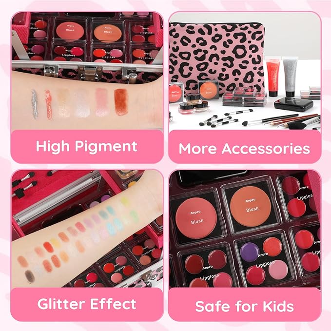 Anpro All-In-One Leopord Double Folding Makeup Carry Case with Pro Teen Makeup Set, Full Starter Kit with Makeup Brushes, Lipsticks, Eyeshadow Palette, Blushes, Glitter Gel, Ideal Present for Girls