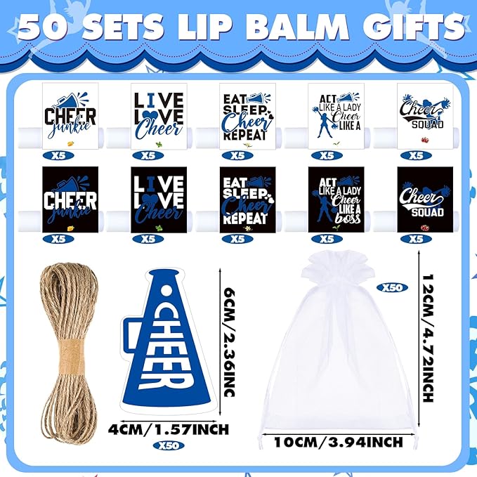 50 Sets Cheer Gifts Bulk 50 Cheer Lip Balm Bulk Moisturizing with 50 Organza Drawstring Gift Bags 50 Tags Cheerleader Gifts Cheer Gifts Bulk for Team (Blue)