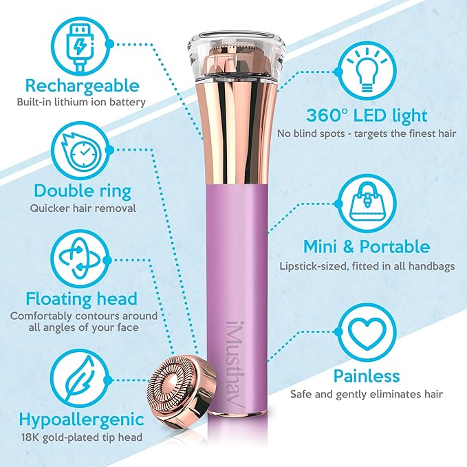Facial Hair Remover for Women Painless Flawless Electric Razor Epilator Trimmer Shaver with 18K Gold-Plated, 16mm Dual Ring Floating Head, USB Rechargeable, 360° LED for Face Lip Hair Removal