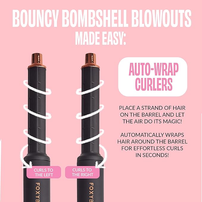 FoxyBae Super Styler Pro Interchangeable 5 in 1 Hair Styler Wand Curling Iron Set - w/Drying Cylinder, Ceramic Blowout & Round Brushes, 2 Auto-Wrap Curlers - Frizz-Free, Smooth Hair [Black Rose-Gold]