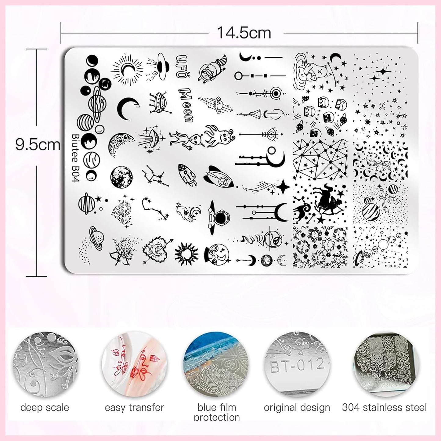 Biutee 4PCS Nail Stamping Plates Set, Includes Nail Art Stamper & Scraper - French Line Lace, Space, Animal, Flower, Leaf Designs - Large Nail Art Stencils Templates for DIY Manicure
