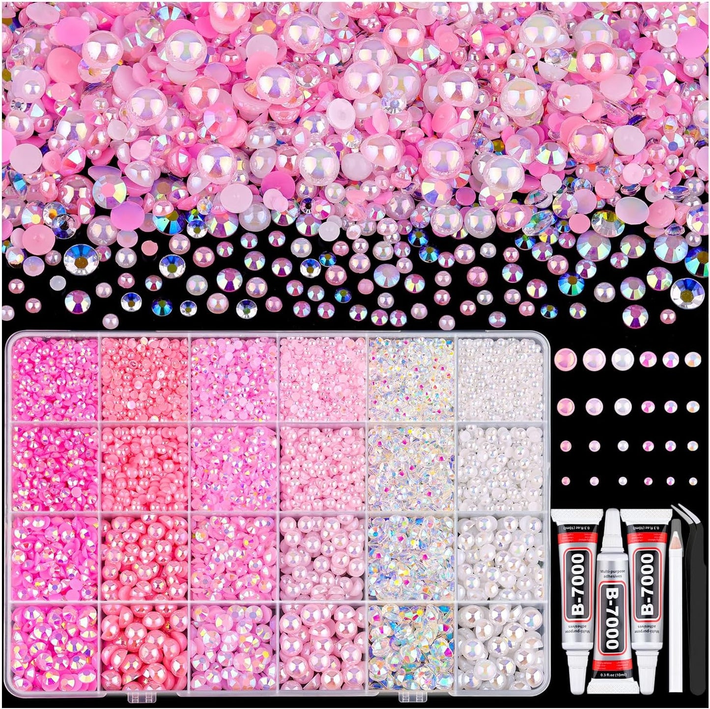 9000PCS Flatback Pearls and Rhinestones for Bedazzling, Pink White 3-10mm Resin Rhinestones and Half Pearls for Crafting, Nail Art and Grad Cap Decor with B7000 Jewelry Glue