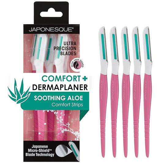 Japonesque Dermaplaner with Soothing Aloe Comfort Strip - Facial Dermaplane Razor, Skin Tool with Ultra Precision Blade for Facial Hair Removal and Exfoliation, 5pk