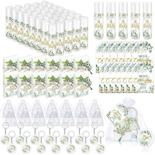 60 Sets 360 Pcs Lip Balm Soap Keychain Favors Eucalyptus Greenery Baby Shower Favors with Organza Bag Gift Card Faux Eucalyptus Greenery for Baby Shower Gift Gender Reveal Guest Prize