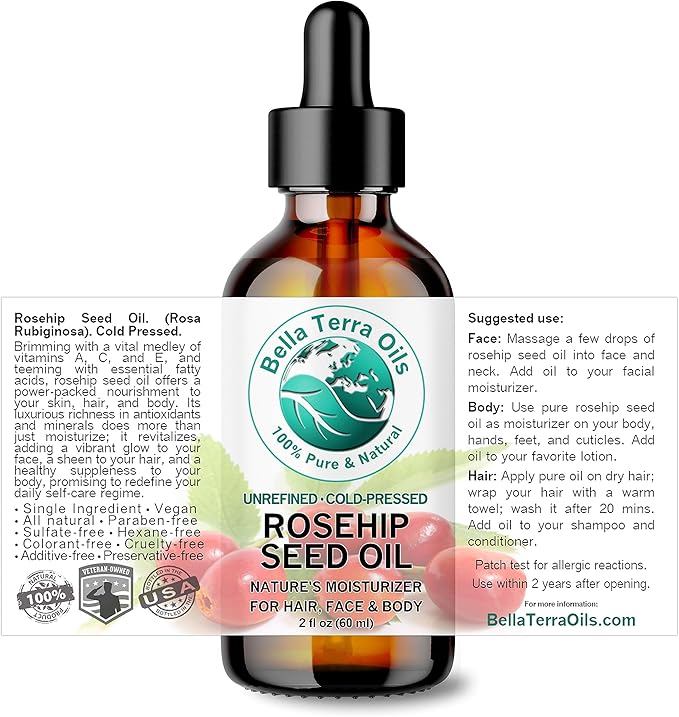 Bella Terra Oils - Organic Rosehip Seed Oil 2 oz - Cold-Pressed Elixir, Rich in Vitamin A, C, & E, Linoleic & Alpha-Linolenic Acid, Perfect Facial Emollient
