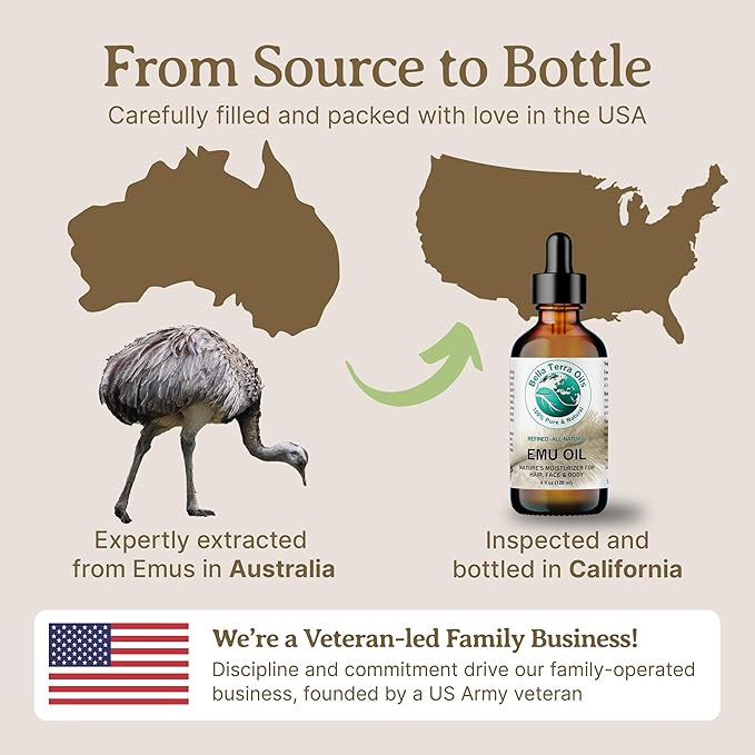 Bella Terra Oils - Emu Oil 4 oz - Genuine Pure Australian Emu, Infused with Linoleic & Oleic Acid, Perfect Companion for Lustrous Skin