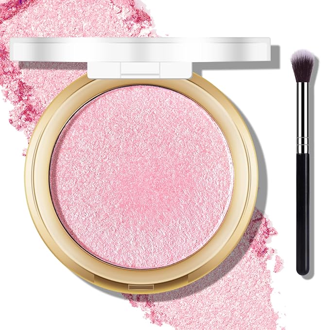 Baked Pink Highlighter Powder Palette, Makeup Highlighter Powder Palette Sheer Shimmering Finish Face Highlighters Makeup Iluminadores de Maquillaje #02 Mermaid Pink