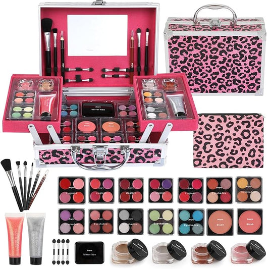 Anpro All-In-One Leopord Double Folding Makeup Carry Case with Pro Teen Makeup Set, Full Starter Kit with Makeup Brushes, Lipsticks, Eyeshadow Palette, Blushes, Glitter Gel, Ideal Present for Girls