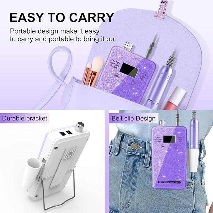 Professional Electric Nail Drill File:COSYGLOW Glitter Portable Cordless E-File Nail Drill Kit with 11 Drill Bits,30000 RPM Rechargeable Nail Drills Machine for Acrylic Nails Gel Polishing(Purple)