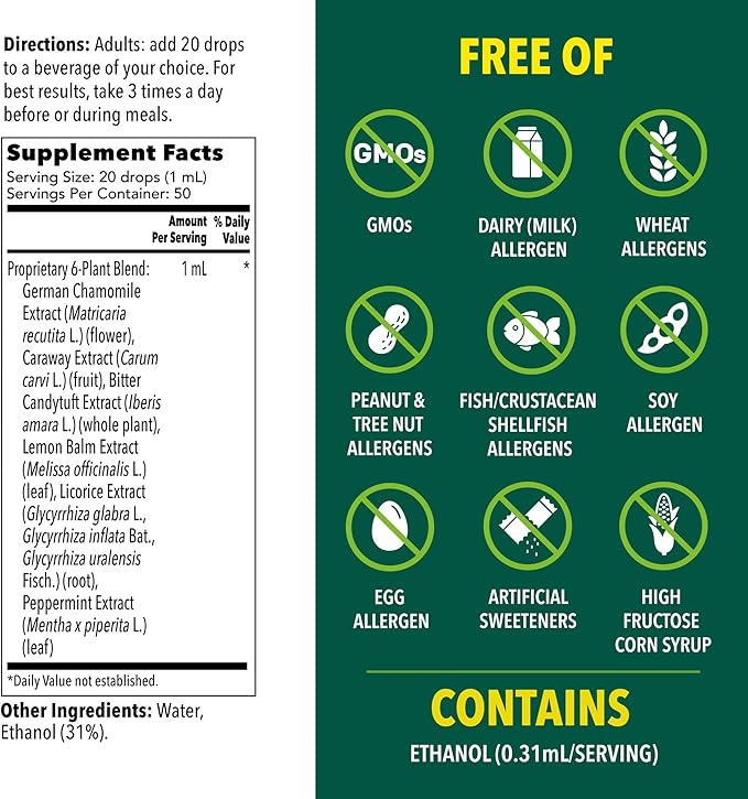 Iberogast Liquid Drops, Herbal Relief of Stomach Upsets: Occasional Indigestion, Bloating, Gas, Nausea, Upset Stomach; Gluten Free; 6-Herb Blend with Iberis Amara, Peppermint, Licorice; 50mL