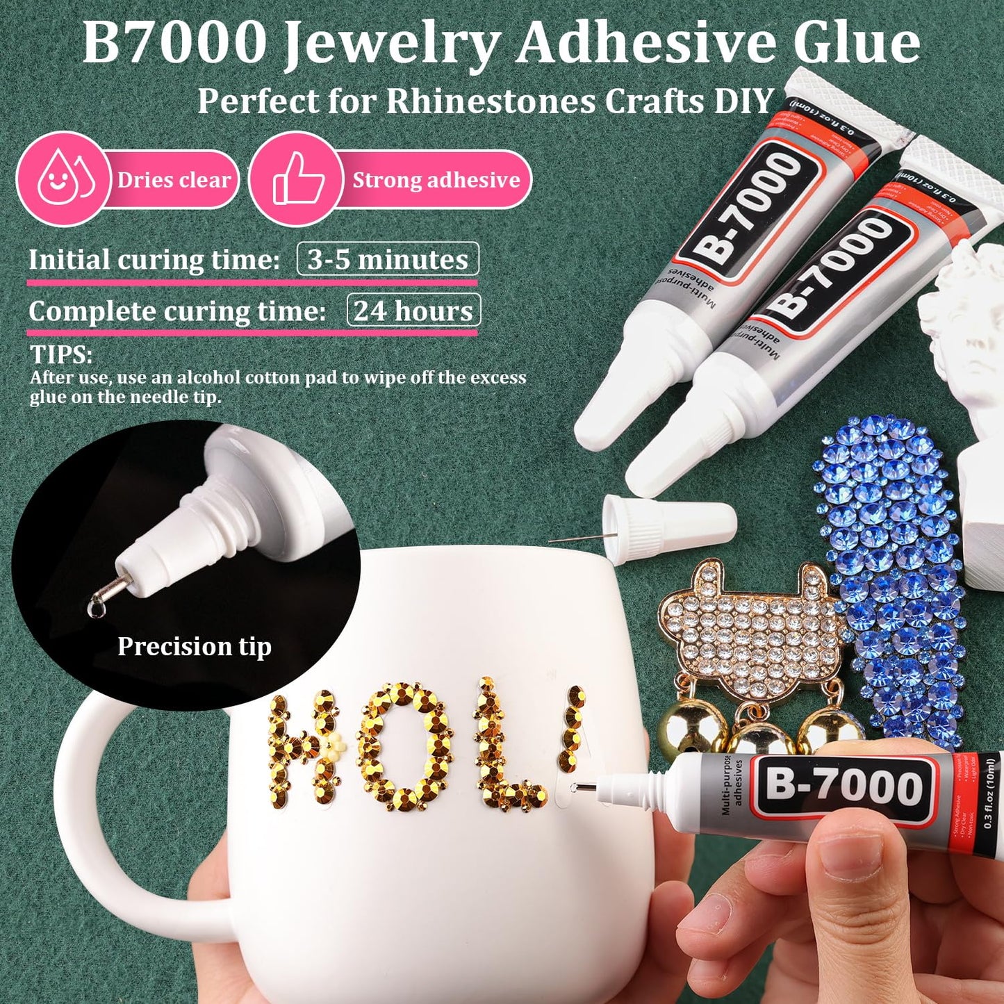 Resin Rhinestones for Crafting with B7000 Jewelry Glue, 2 Boxes Gold Flatback Crystals with 3Pcs 10ml Glue for Bedazzling Crafts DIY Nail Art Makeup，Non Hotfix Gems for Clothing Shoes