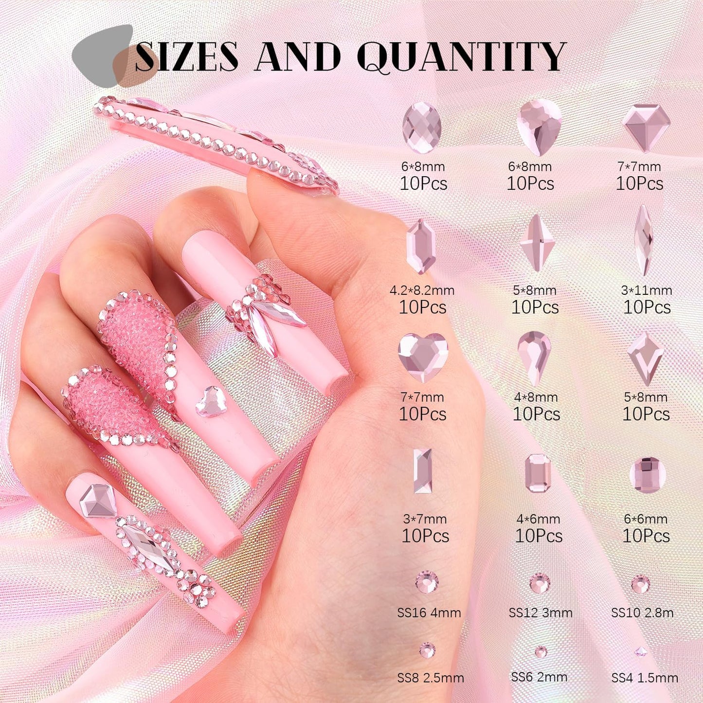 Pink Glass Nail Rhinestones - 2680pcs Multi-Shaped Flatbacks + 2560pcs Round Crystals with Glue Gel, Perfect for Nail Art