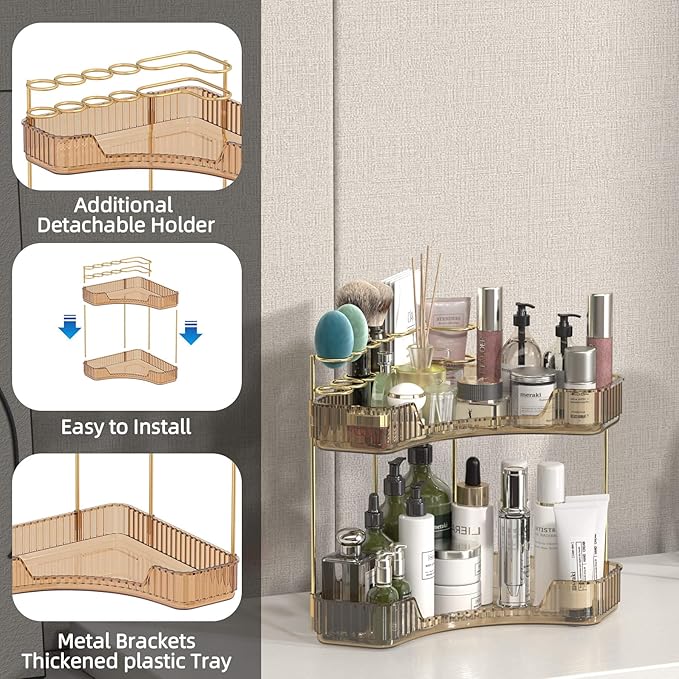 Corner Bathroom Counter Organizer with Top Toothbrush Holders, 2-Tier Make Up Organizers for Vanity with Brush Holder, Corner Storage for Bathroom, Kitchen, Dresser