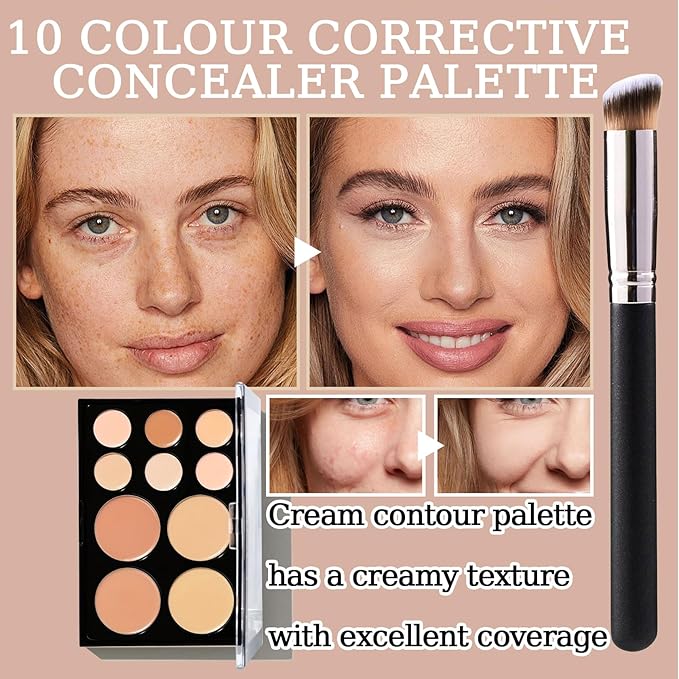 10 Colors Correcting Concealer Palette,Colors Corrector Palette,Moisturizing Full Coverage Liquid Foundation Cream Contour Makeup Palette with Brush