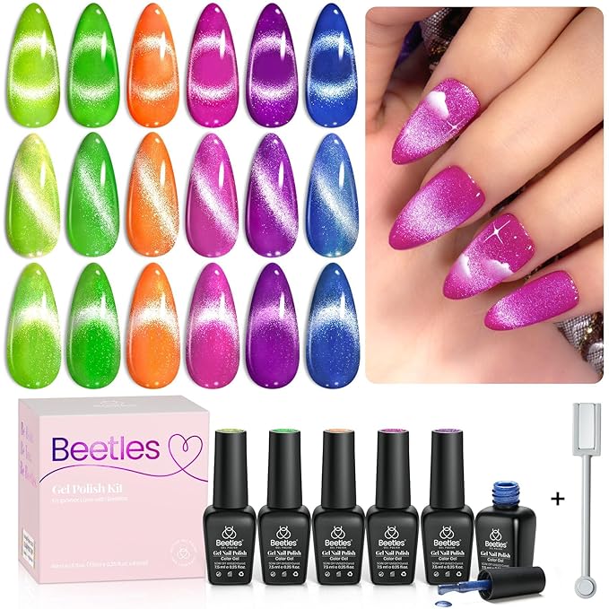 Beetles Cat Eye Gel Nail Polish Set, 6 Colors Summer Neon Holographic Glitter Gel Polish Kit Hot Pink Orange Purple Blue Green Magnetic Nail Polish Soak Off UV French Nail Art Gift for Women