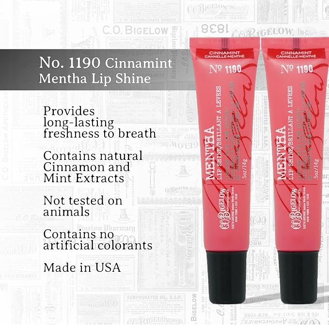 C.O. Bigelow Cinnamint Mentha Lip Shine Balm Tubes, Pack of 3 Bulk Lip Gloss with Cinnamon & Peppermint Oil, High Gloss Shine Finish, 0.5 oz