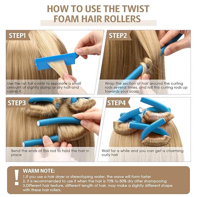 Syhood 30 Pieces Flexible Curling Rods Twist Hair Rollers Soft Foam Rods No Heat and 1 Pcs Steel Rat Tail Comb for Women Long and Short Hair(7 x 0.7 Inch,Blue)