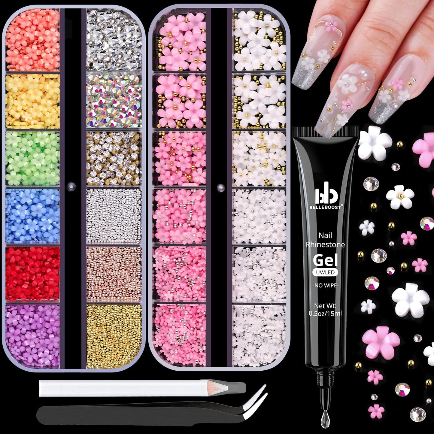 3D Flowers Nail Charms and Gems with Nail Rhinestone Glue Gel, Cute Colorful Acrylic 3D Flowers for Nails with Caviar Beads, Rhinestones for Nails and Gem Glue with Pickup & Dotting Tools