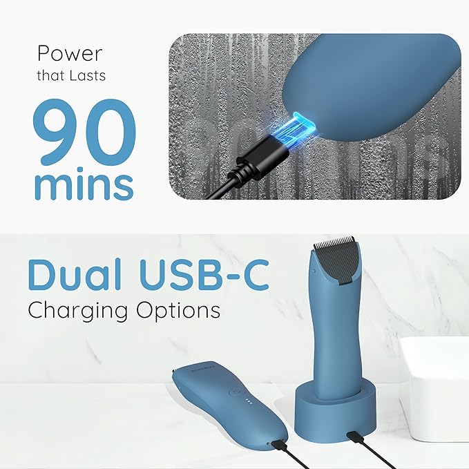 Body Hair & Pubic Hair Trimmer for Men & Women, Painless Electric Body & Bikini Shaver | Waterproof, Type-C Rechargeable, LED Light, Replaceable Blade, Manscape Personal Groomer (Denim Blue)
