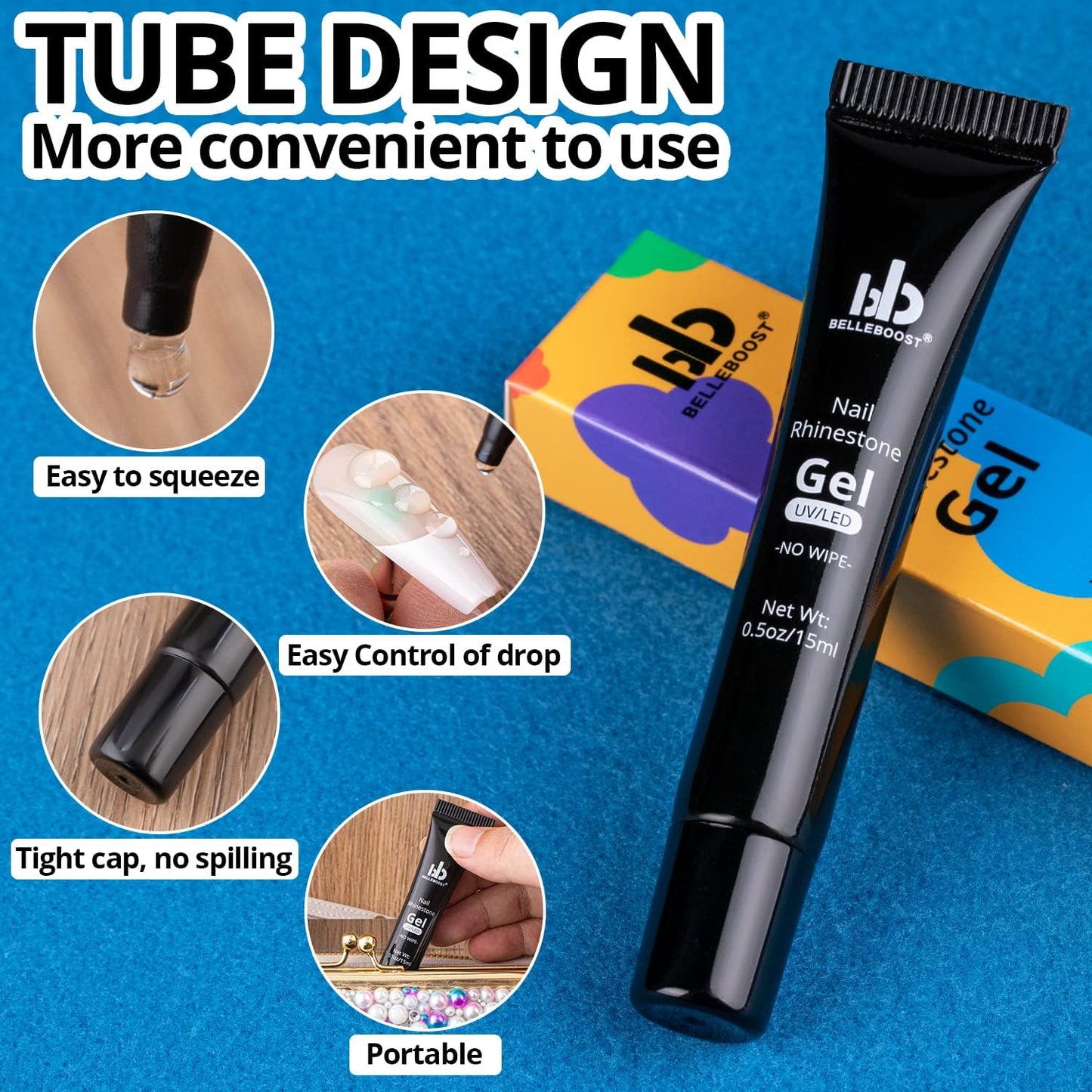 Nail Art Rhinestone Glue Gel&Flatback Gems Accessories Kit, 1 Tube of 15ml Rhinestone Gel Glue(UV/LED Needed)+1 Box of Flat-Back Round Glass Crystal Clear Gemstones with Pickup Pencil and Tweezer