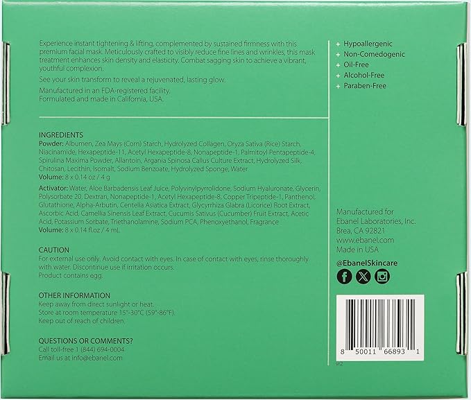 Ebanel Collagen Peptides Wash-Off Face Mask Set, 8 Pack Instant Skin Tightening and Lifting Masks, Brightening Face Mask with Niacinamide, Glutathione, Hyaluronic Acid, Vitamin C, Cica, B5, Albumen