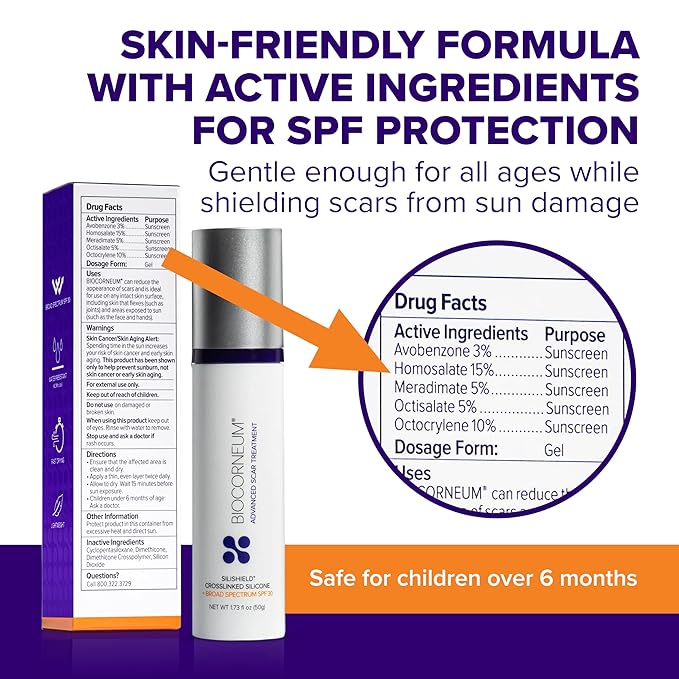 Biocorneum Advanced Scar Treatment with Silishield® & SPF 30 10g – Made in the USA, Fast-Drying, Silicone Scar Gel - Surgeon Recommended for New & Old Scars - Suitable for Children Over 6 Months