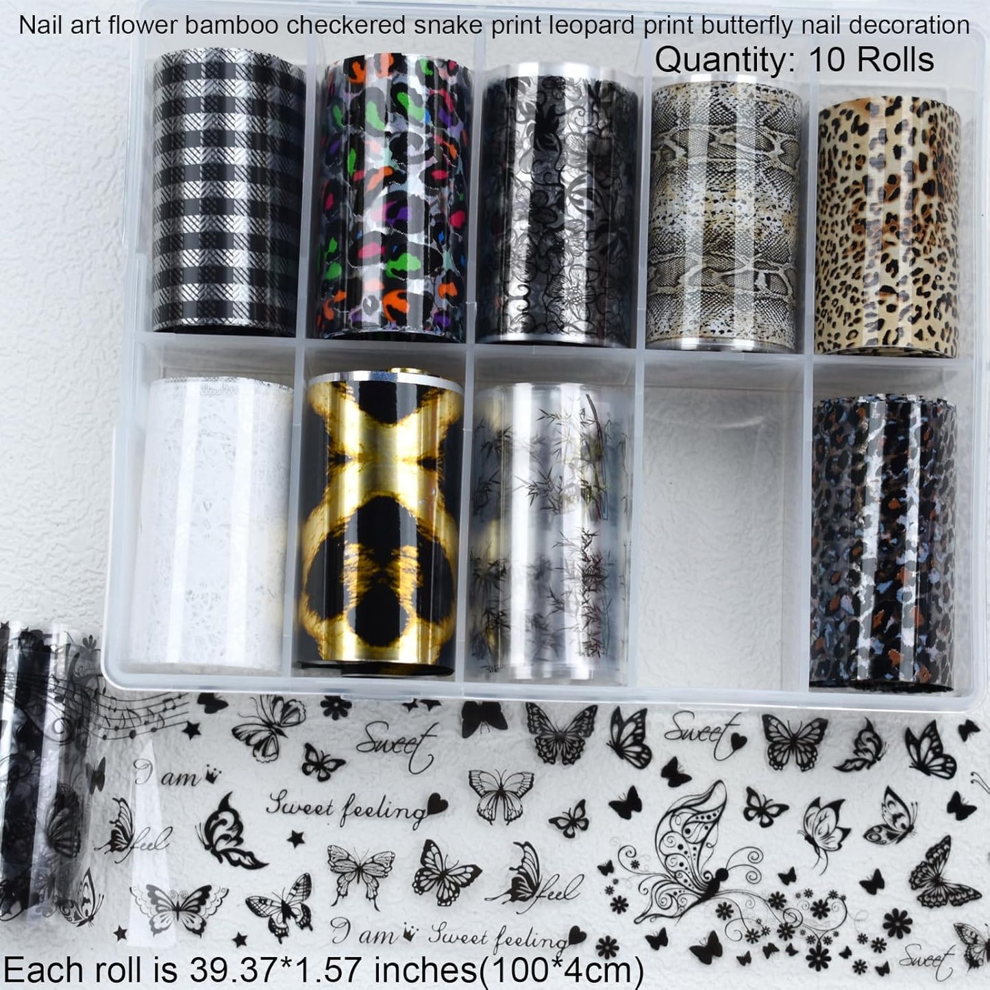 Nail Art Transfer Foils Set, 10 Designs, Animal Print and White and Black Flower Patterns,Holographic Stickers for DIY Acrylic Nails Manicure Decoration 39.37 x 1.57 inches (10)