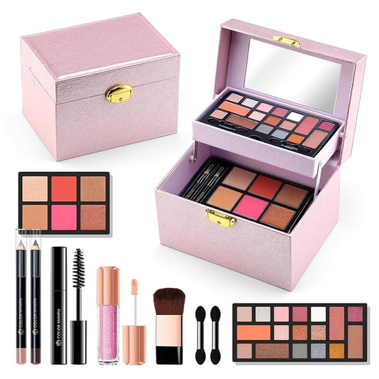 Color Nymph Beginner Makeup Kit For Teens, Girls Makeup kits With Recyclable And Key-Lockable Cabinet Included 17-Colors Eyeshadows Blushes Bronzer Highlighter Lipstick Brushes Mirror(Pink)