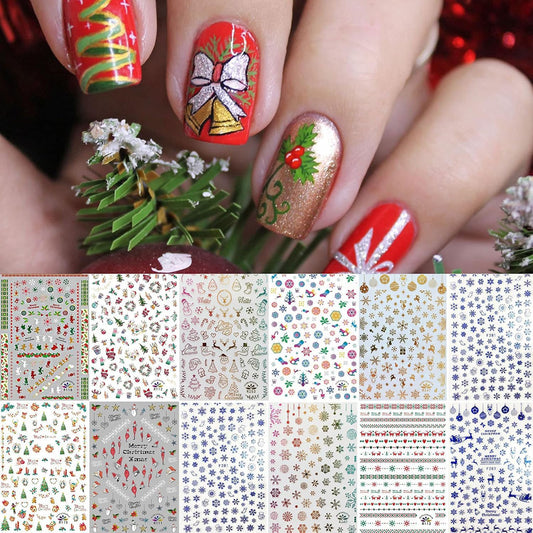 1500+ Patterns Christmas Nail Art Stickers Decals, Kalolary Self-adhesive Nail Stickers Santa Claus Snowflake Snowman Christmas Bell Tree Stick Elk for Christams Nail Decorations (12 Sheet Large Size)