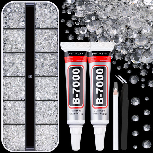 6100Pcs Resin Rhinestones for Crafting with 2Pcs 10ml B7000 Jewelry Glue, 1 Box Flatback Crystals Diamond (Transparent) for Bedazzling Crafts DIY Nail Art，Non Hotfix Gems for Clothing Shoes Tumblers