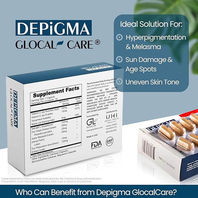 GlocalCare Depigma Support Reduction of Hyperpigmentation, Melasma & Dark Spots with Glutathione, Polypodium Leucotomos, Grape Seed & Marigold Extract