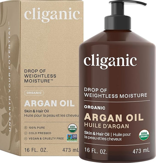 Cliganic Organic Argan Oil 16oz with Pump, 100% Pure | Bulk for Hair, Face & Skin (Packaging May Vary)