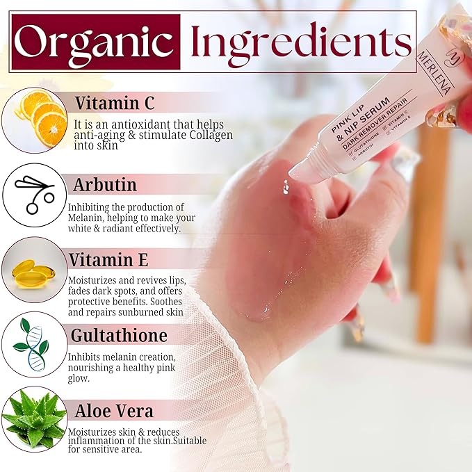 Merlena Pink Lip & Nip Serum - Hydrates and Repairs Dry, Peeling Lips and Nipples, Adds Collagen for Plumpness, Soothes Flaky Skin, Organic Vitamin C & E Formula 8ml