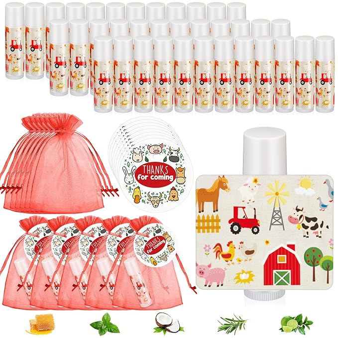 Fumete 50 Pack Baby Shower Farm Animals Party Gifts Favors Bulk Lip Balms for Guests Boys Girls Neutral Gender Reveal Favors for Baby Shower Prizes Souvenirs Bags Stuffer Classroom Prizes