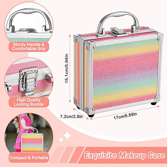 Anpro All-In-One Makeup Carry Case with Pro Teen Makeup Set, Full Starter Cosmetics Kit with Makeup Brushes, Eye Shadows Palette, Blushes, Glitter Gel, Temporary Tattoo Stickers - Colorful