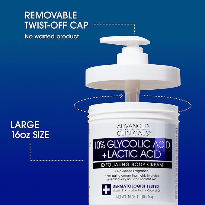 Advanced Clinicals 10% Glycolic Acid + Lactic Acid Body Lotion Moisturizer + AHA Glycolic Acid Face Serum 2pc Exfoliating Skincare Set To Reduce Look Of Uneven Rough Skin Texture, Fragrance Free, 2pc