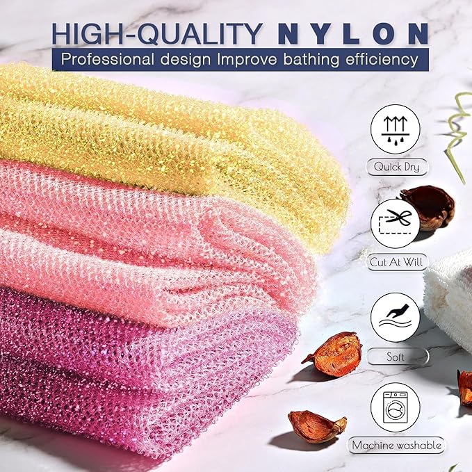 3 Piece Bright Style African exfoliating net Exfoliating Shower Set Long Bath Sponges for Smooth, Refreshed Skin, The Exterior Gleams - Ideal for Daily Use (Bright Yellow, Pink, Purple)