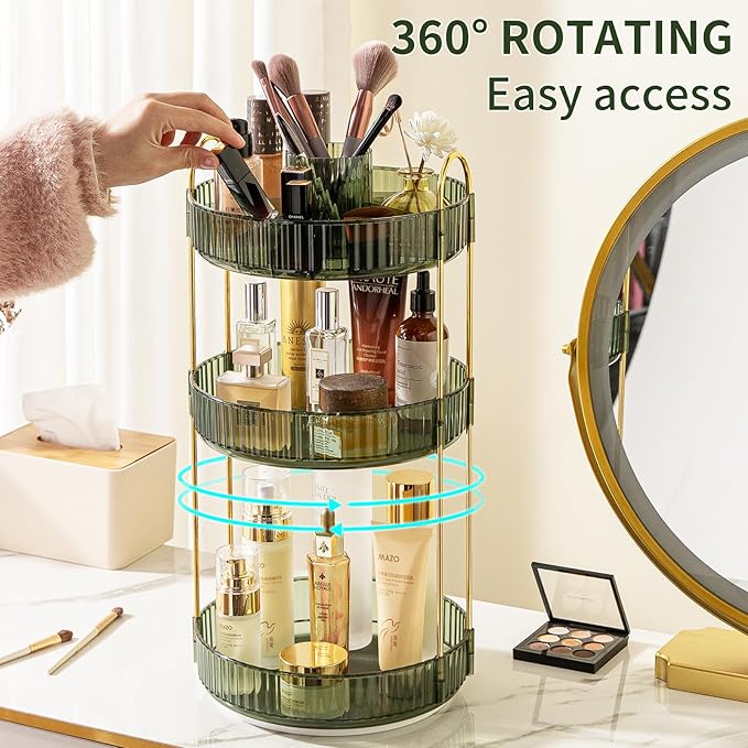 360° Rotating Makeup Organizer, Large-Capacity Skincare Make Up Storage 3 Tier Perfume Organizers Cosmetic Dresser Organizer with Makeup Brush Holder, Fits Bedroom, Bathroom, Vanity Shelf Countertop